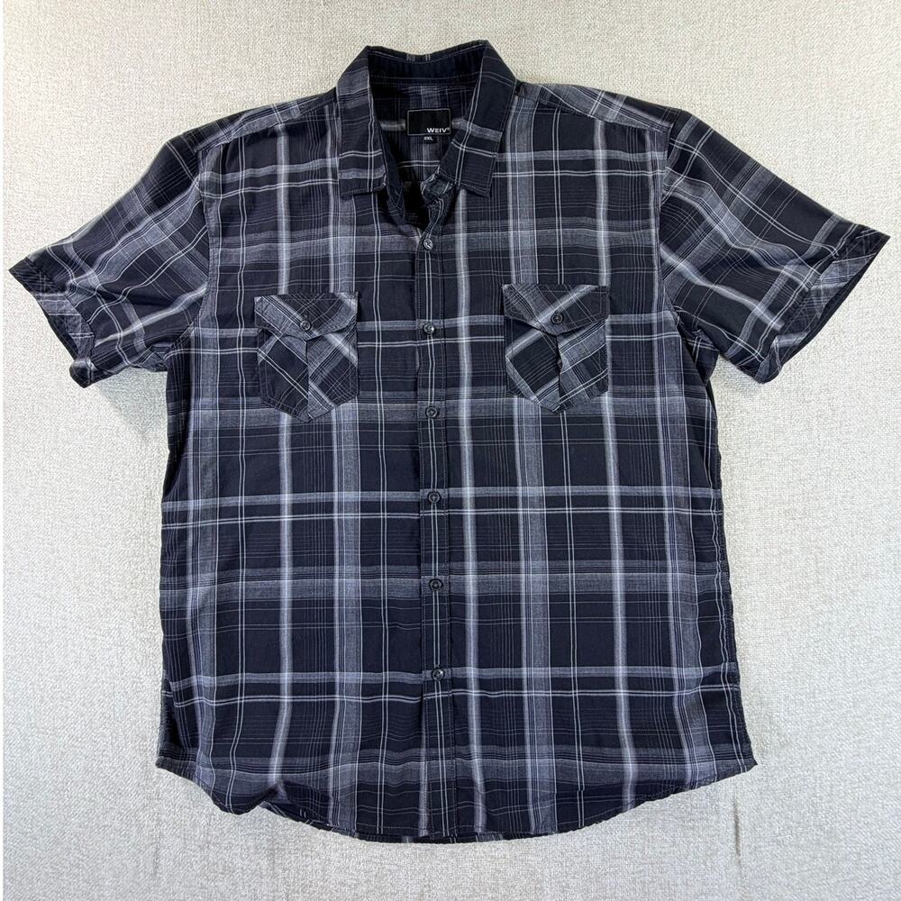 WEIV Men 2XL Black Gray Plaid Short Sleeve Lightweight Casual Button Front Shirt